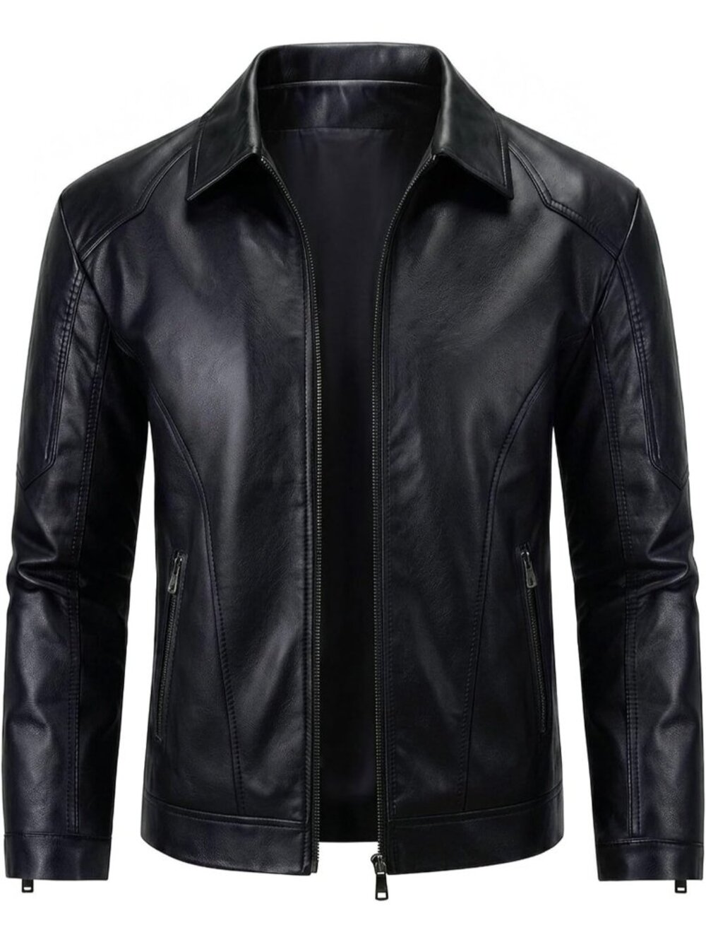 Men’s Black Faux Leather Motorcycle Biker Jacket Turn Down Collar Zip Front Coat